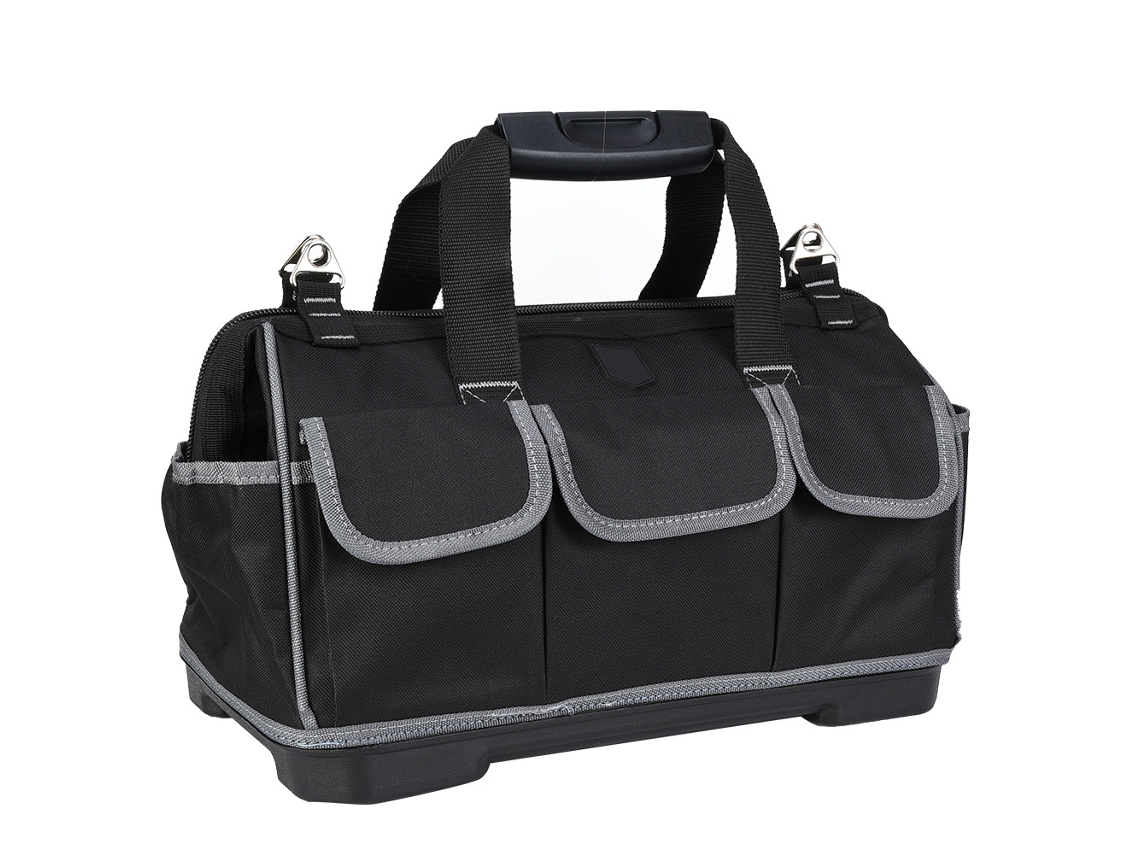 Bolsa portátil gris de 17 pulgadas para herramientas manuales con base de plástico.