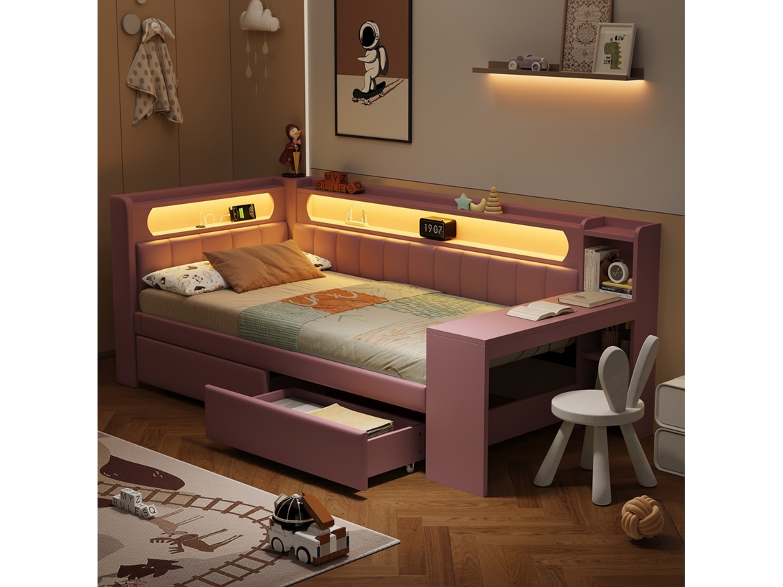 Cama Rosa De 90x200 Cm, Escritorio Led Con 2 Cajones Para Niños