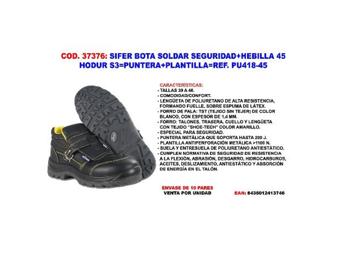 Sifer bota soldar seguridad+hebilla 45 hodur s3 punt+plant pu418