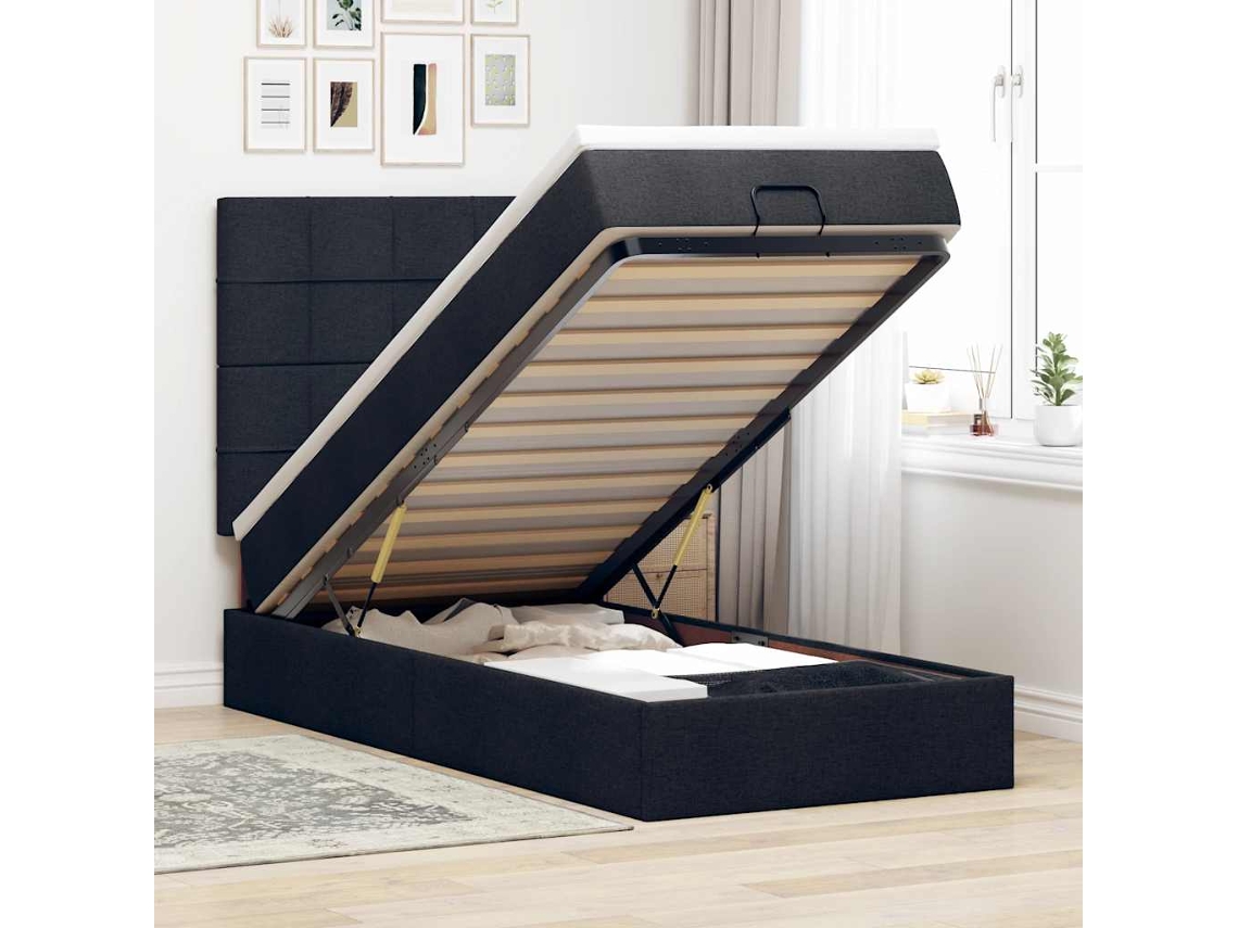 Estructura cama otomana colchón tela negra 90x190 cm