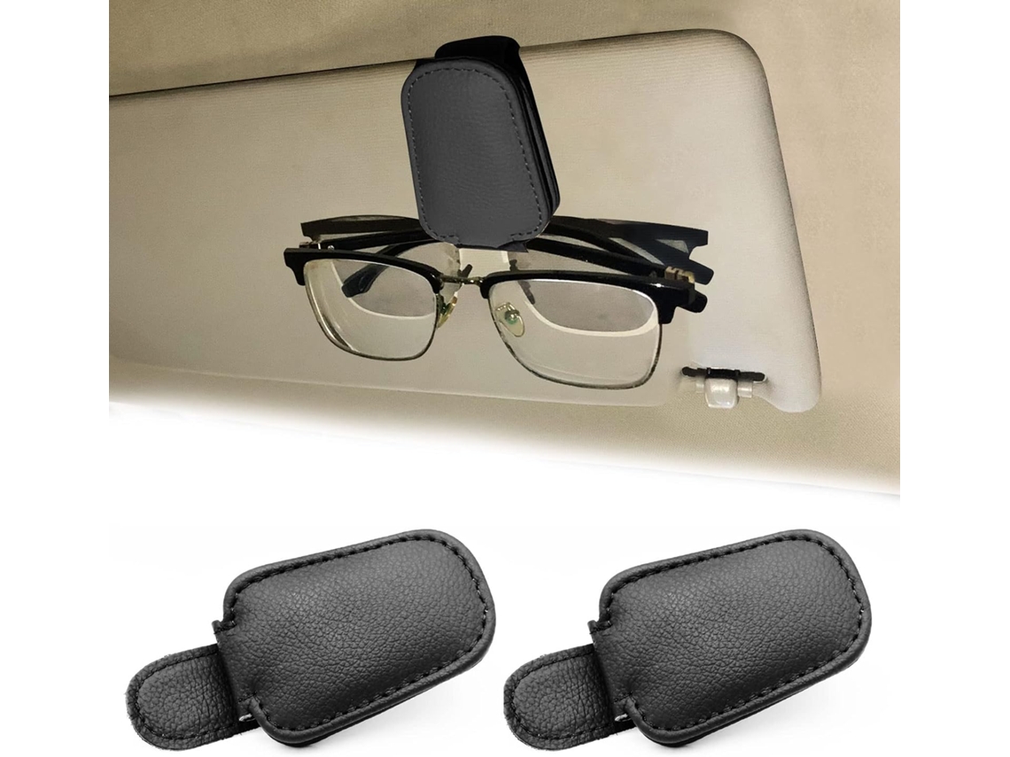 2 Clips Porta-gafas Piel Negro Magnéticos Para Salpicadero Coche