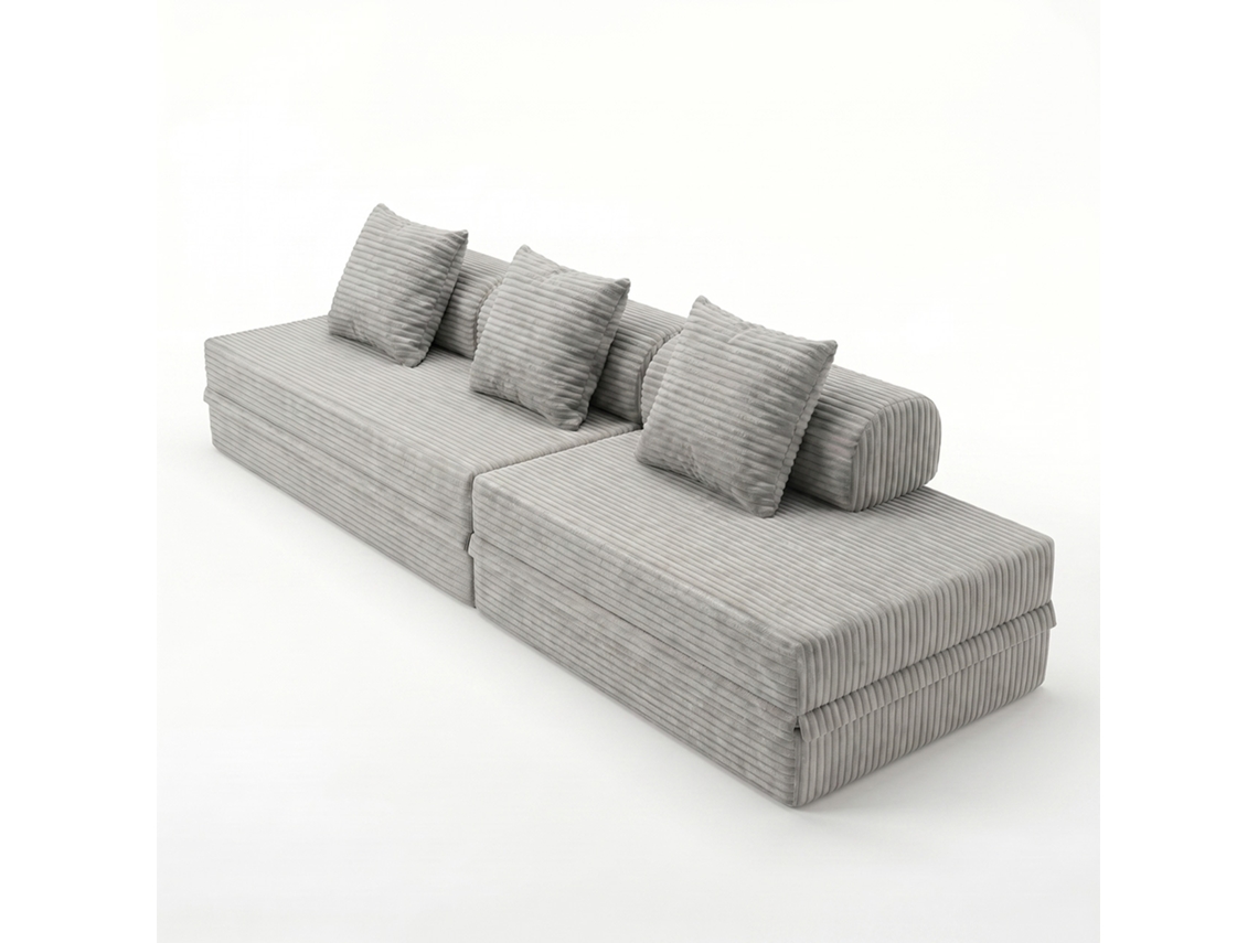 Sofá Modular 3+2 Lugares Convertible Veludo Listado Cinza