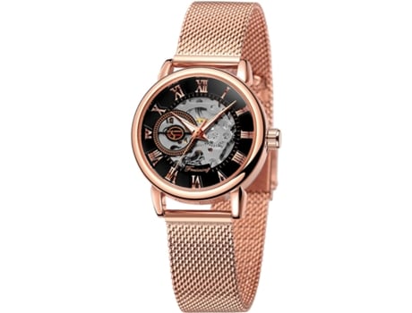 VEANXIN Reloj mecánico hueco Reloj de pulsera de malla de cuerda manual-Oro rosa Blanco L