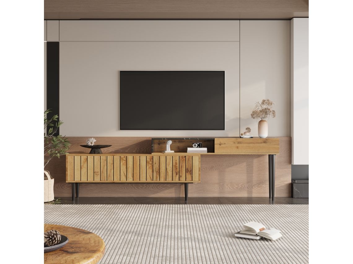 Mueble Para Tv En Diseño De Mármol Y Madera, Estilo Moderno, Borde En Pvc, Patas De Hierro, Almacenamiento Espacioso, Duradero