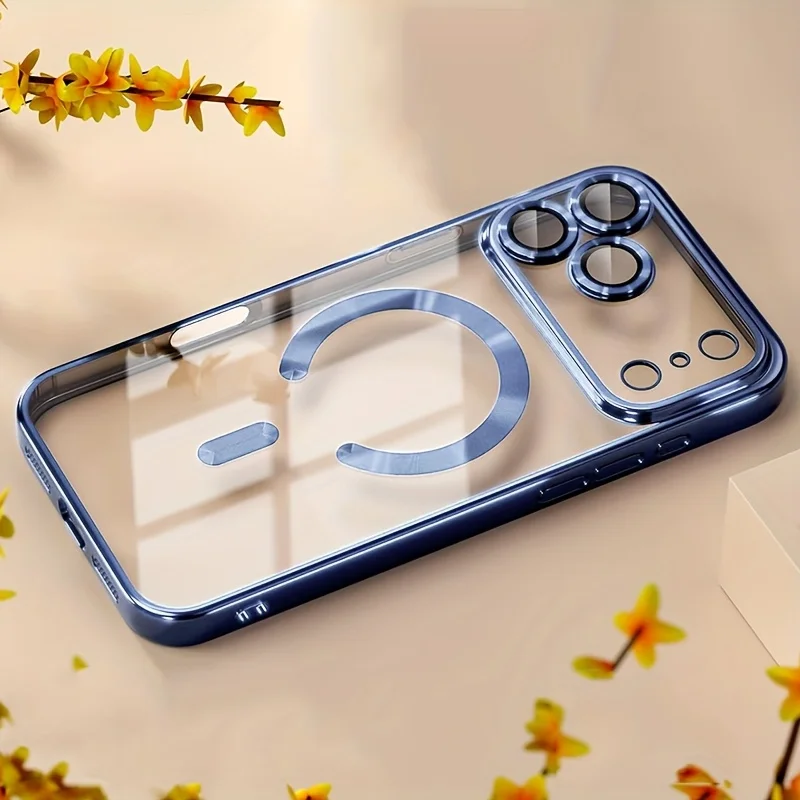 (iphone 16 Plus Azul Cielo) Funda Magnética Transparente Magsafe Para Teléfono, Protección De Lente, Funda Blanda Galvanizada