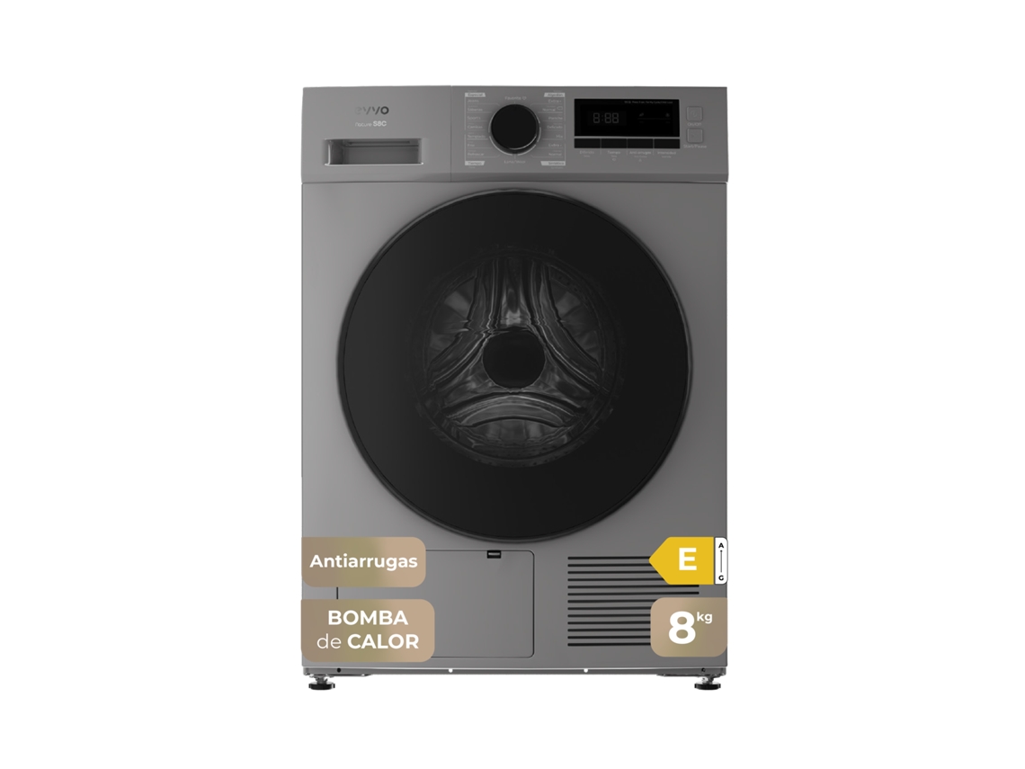 Secadora de ropa Evvo S8 de 8 kg con bomba de calor, clase energética E, Airfresh, sensor de humedad, antiarrugas, inicio retardado, acero inoxidable