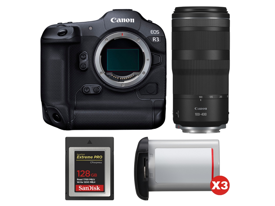 Canon Eos R3 + Rf 100-400mm F/5.6-8 Is Usm + 1 Sandisk 128gb Extreme Pro Cfexpress Type B + 3 Canon Lp-e19 + Ebook Pricedirect