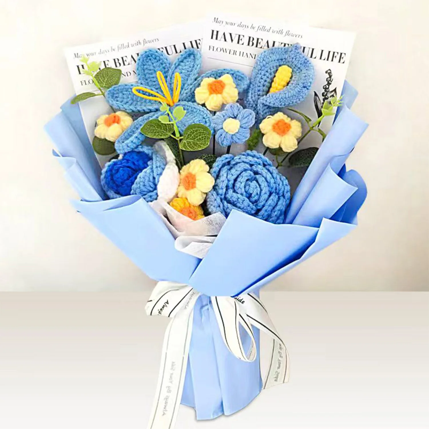 (azul) Ramo De Tulipanes Tejido A Mano, Ramo De Mujer Tejido A Crochet, Ramo De Regalo