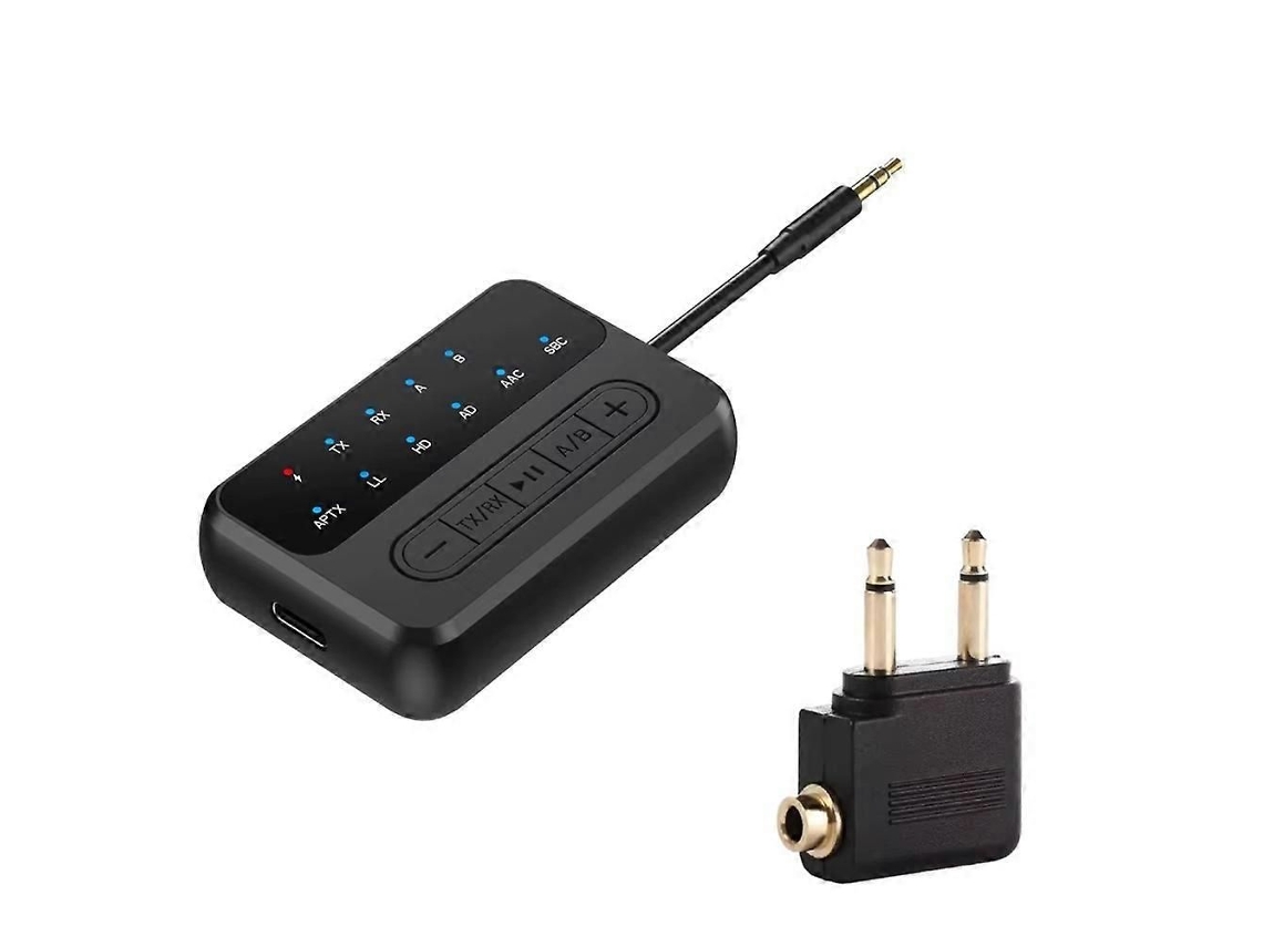 Adaptador transmisor inalámbrico Bluetooth 5.4 con entrada de audio auxiliar de 3,5 mm, ideal para vuelos.