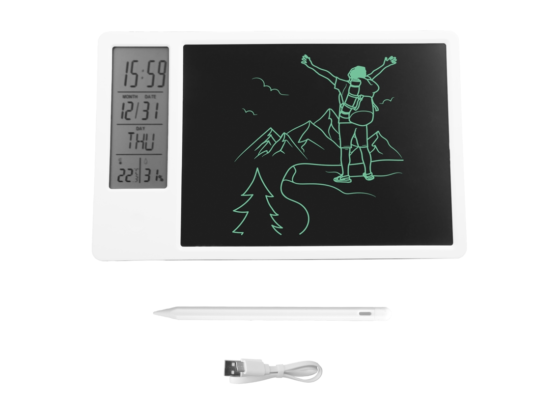 Calendario electrónico con pantalla digital para escritorio, luz dorada.