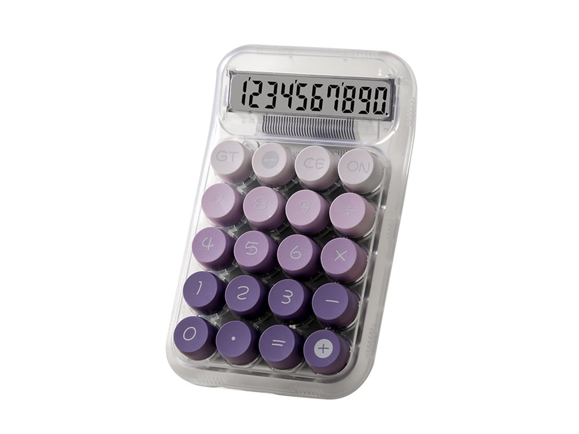 Calculadora Mecánica De Escritorio Transparente Con Botones Grandes Y Pantalla Púrpura Nítida.