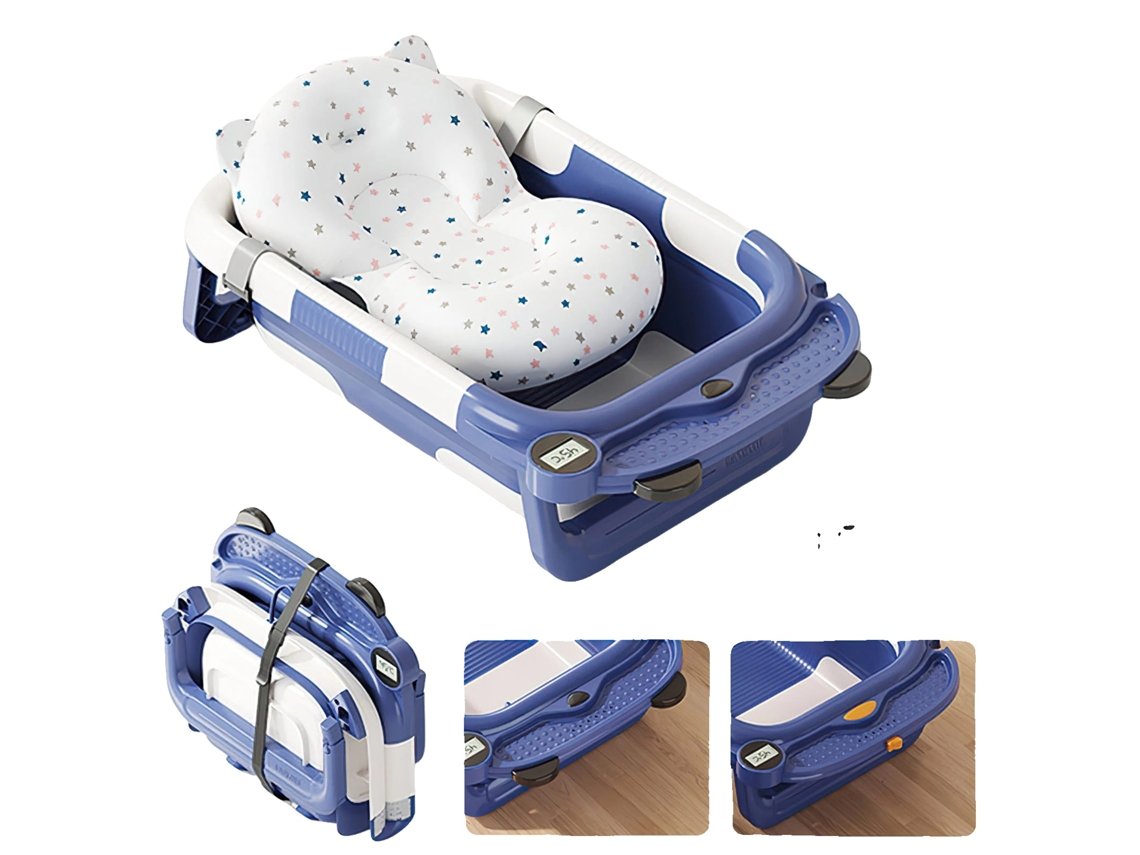 Bañera para bebé, diseño plegable, control de temperatura, azul.