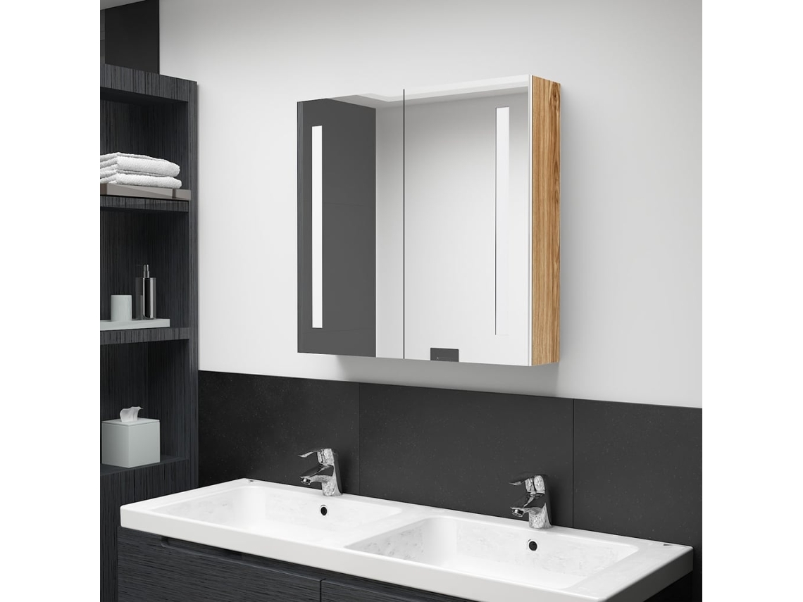 Armario De Baño Con Espejo Y Led Blanco Y Roble 62x14x60 Cm