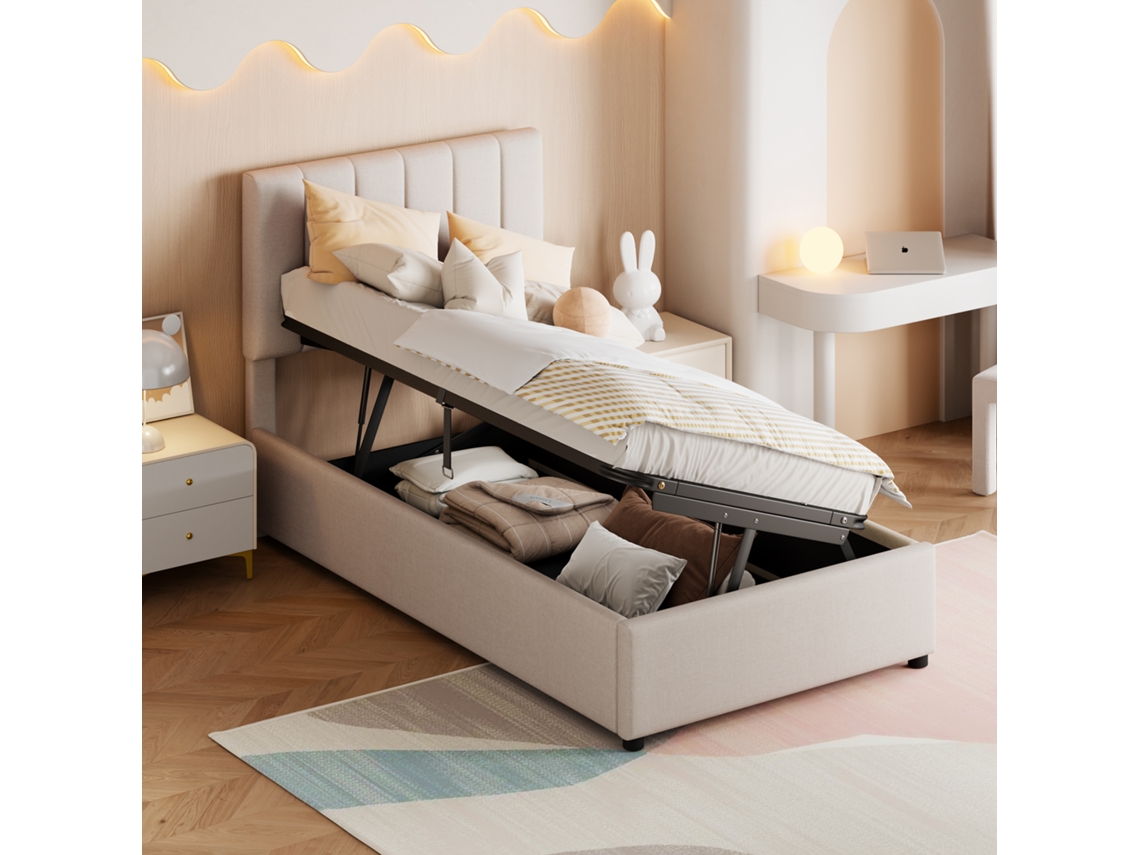 Cama Infantil De 90x200 Cm, Lino Beige, Hidráulica Y Práctica.