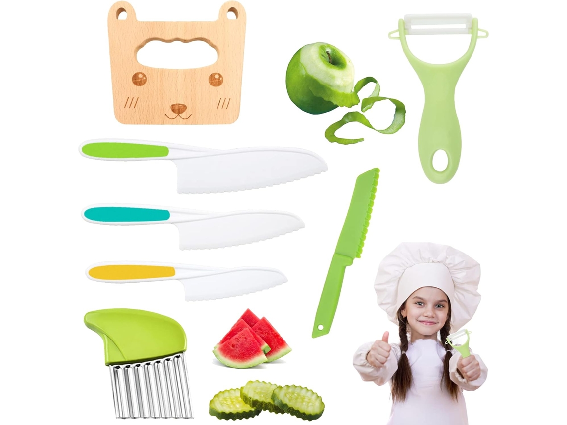 Juego de peladores de acero inoxidable con mango antideslizante y bordes dentados seguros para niños, duraderos y resistentes a la deformación.