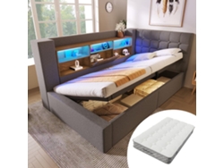 Cama Individual 90x200 – Led, Almacenaje Hidráulico, Cabecero En L Con Estantes – Gris