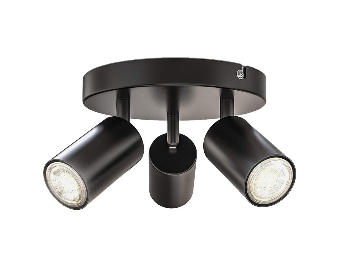 Teto Led 3 Spots Redondos Orientáveis Gu10, 3 Spots Pivotantes, Iluminação Teto, Preto, P/ Cozinha (luz Branca Quente).