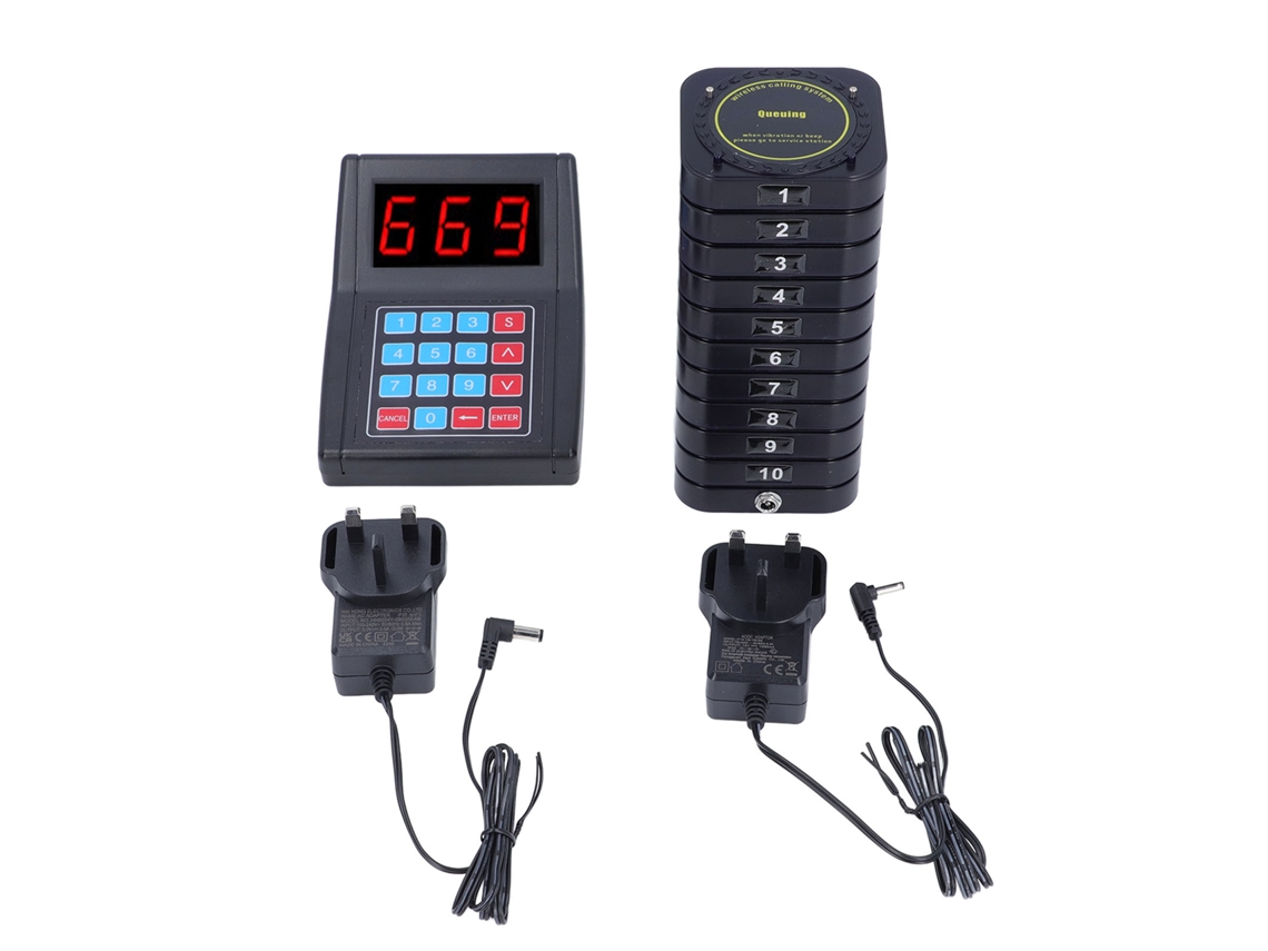 10 buscapersonas inalámbricos para restaurantes, con vibración, sonido, luz y cobertura. Enchufe británico de 100-240 V.