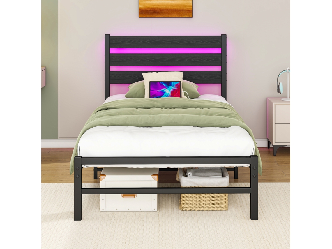 Cama Individual 90x200 Cm Metálica Con Led Y Usb, Almacenamiento Inferior - Negro