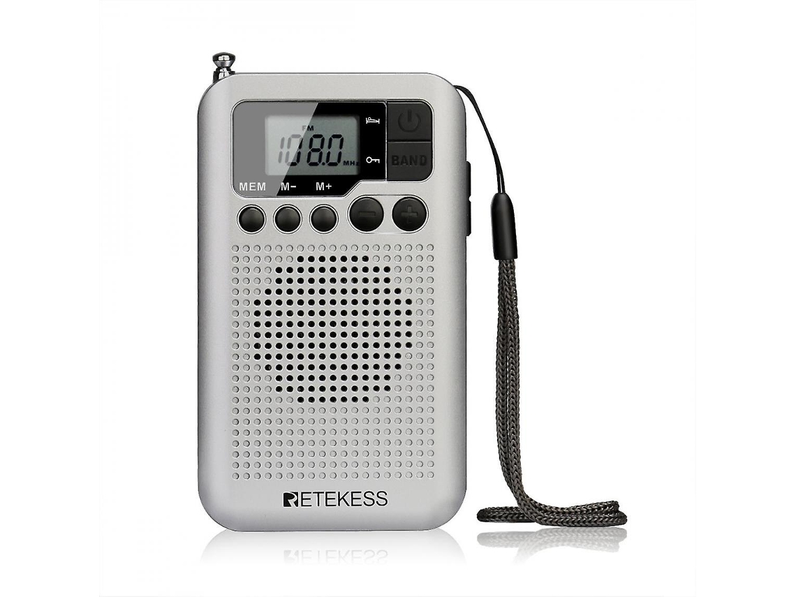 Radio FM/AM portátil con pantalla LCD, altavoz con ajuste digital, conector para auriculares y soporte para reloj Ushion