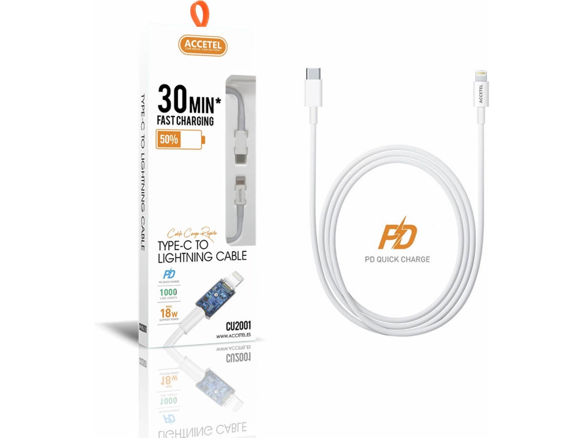 Cable para iPhone 12 ACCETEL CU-2001 (Lightning - 1 m - Blanco)