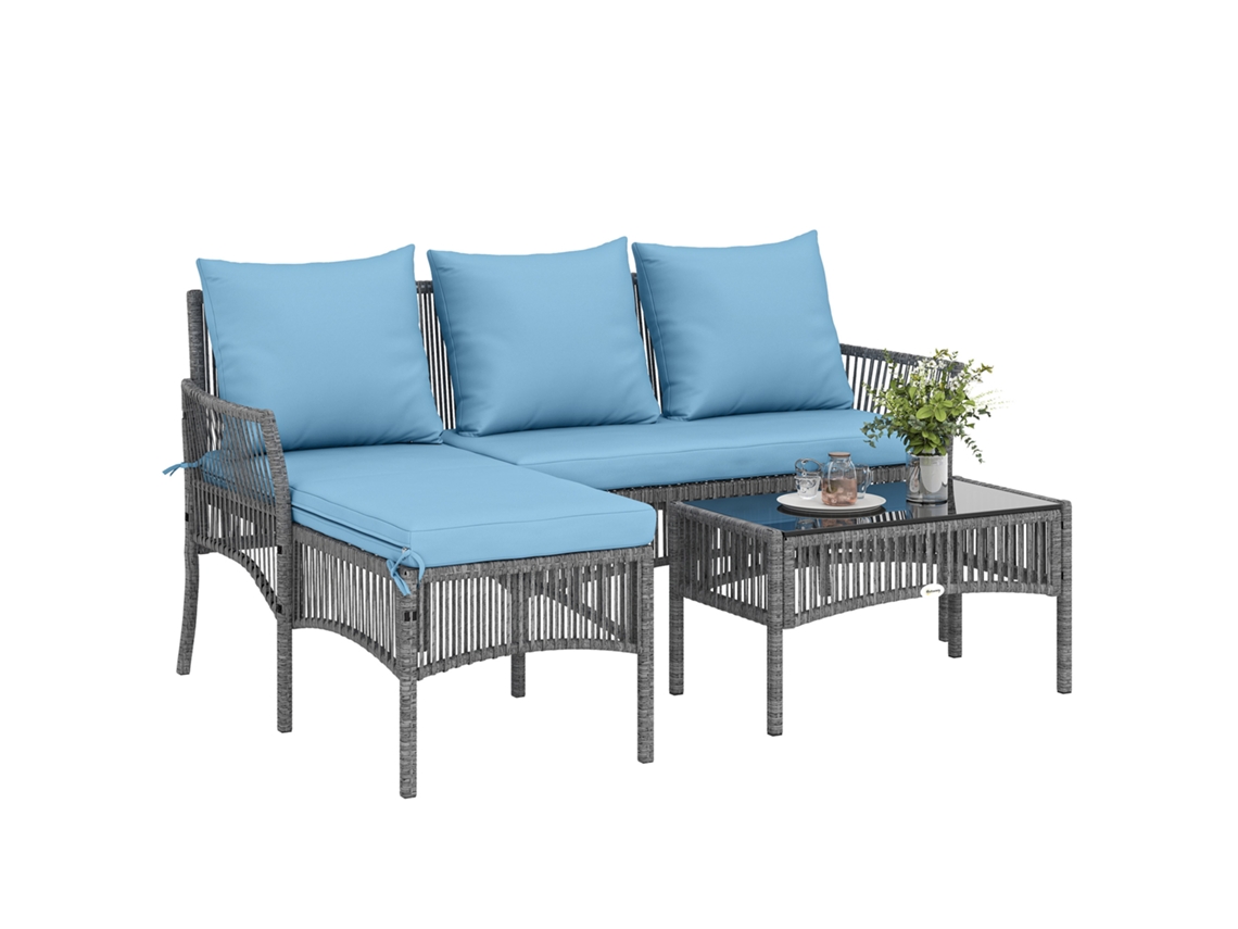 Conjunto De Muebles De Jardín De Ratán Con Sofá Esquinero De 2 Plazas Y Mesa De Cristal Azul.