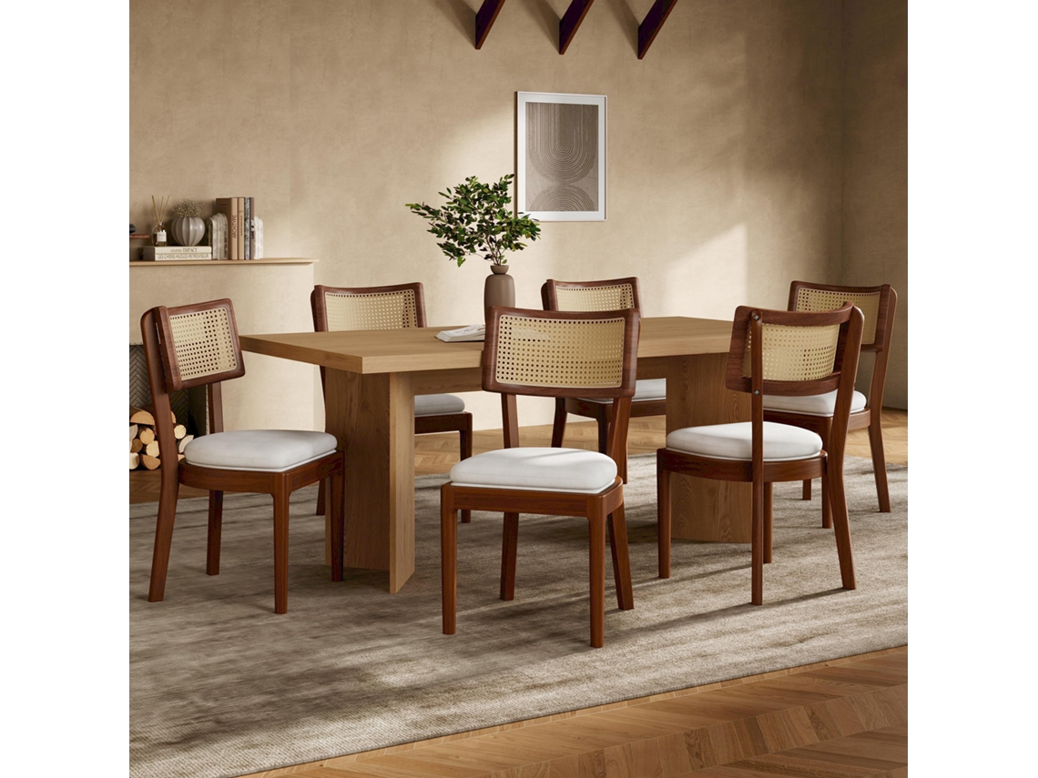 Juego de 6 sillas de comedor de madera maciza con respaldo de ratán, cómodas y transpirables, ideales para comedores.