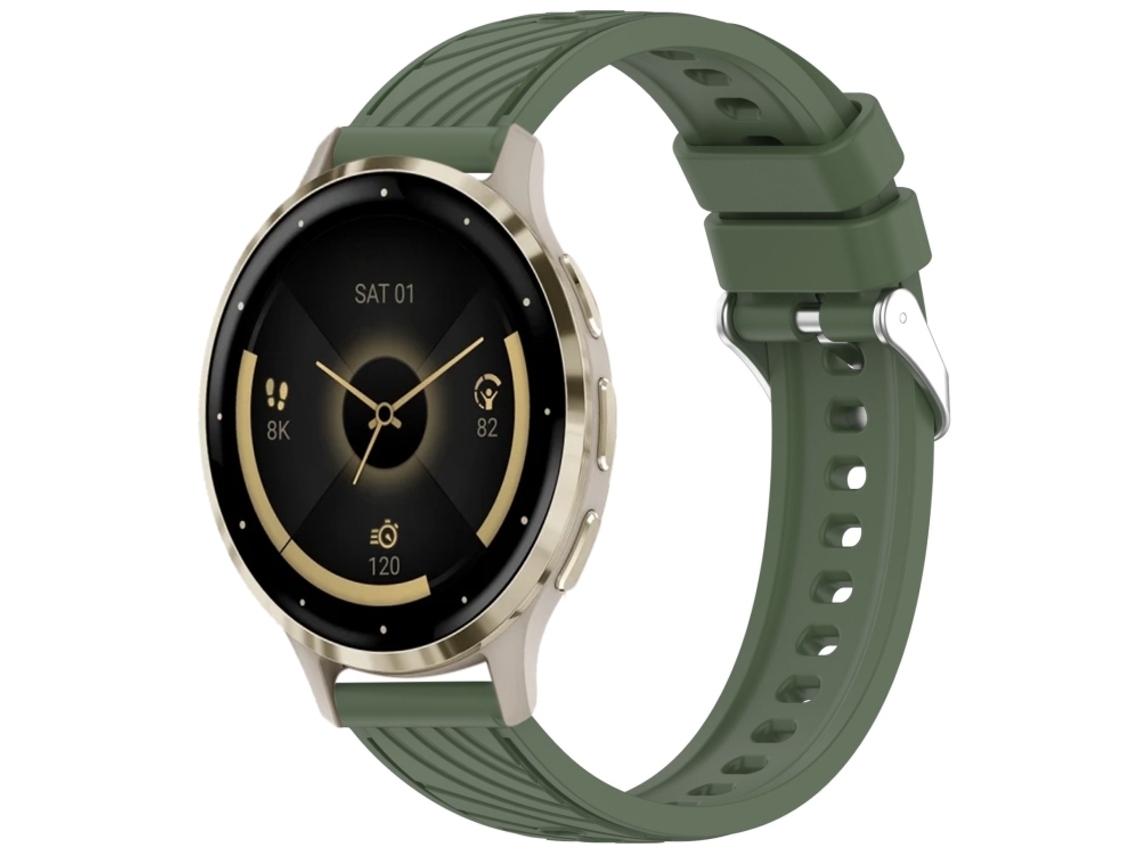 Bracelete Para Garmin Venu 3s (18mm) - Silicone - Textura Listrada - Fivela De Aço Prate Verde Escuro