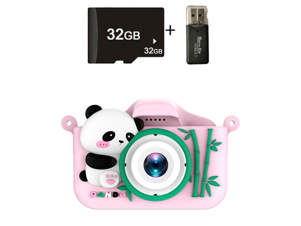 Siurn Cámara Infantil Doble Cámara Panda-hd Rosa Rojo Lector De Tarjetas 32g
