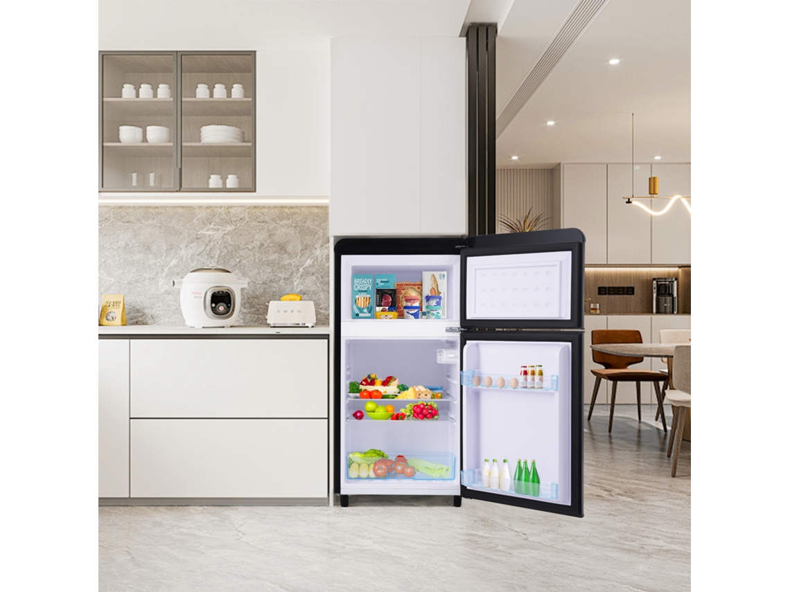 Nevera Retro De Doble Puerta 72l - Congelador 21l, Luz Led, Eficiencia Energética - Negra