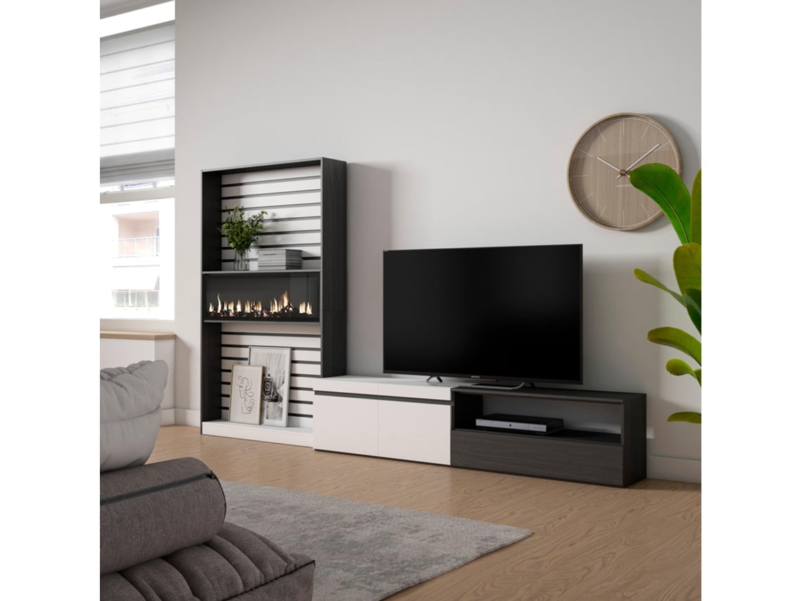 Muebles de Salón para TV SKRAUT HOME Para TV hasta 80, Chimenea eléctrica,  Blanco y Negro (310x186x35 cm)