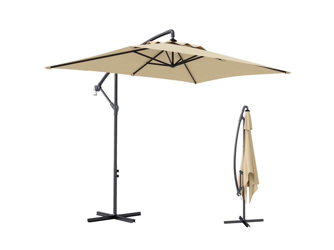 Sombrilla Excéntrica Para Jardín Grande Apertura Con Manivela Poste De Metal Y Base Cruzada 294x193x250 Cm Beige