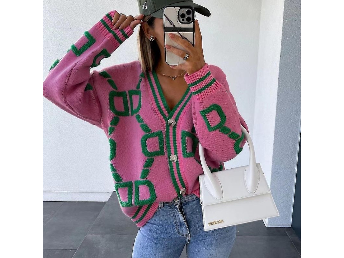 2026-abrigo De Punto Mujer Otoño Invierno Manga Larga Cuello V Suelto Estampado Casual Verde Caliente De Alta Calidad