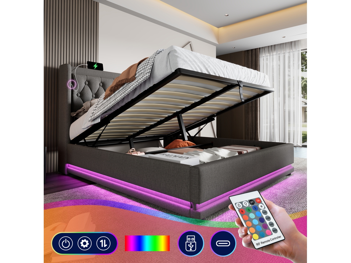 Cama De 140x200 Con Almacenamiento Hidráulico, Led, Usb-c, Color Gris, Colchón No Incluido.