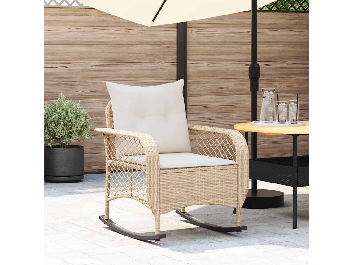 Silla Mecedora De Jardín | Silla De Exterior | Sillon Jardín Con Cojines Ratán Sintético Beige Wsd99753