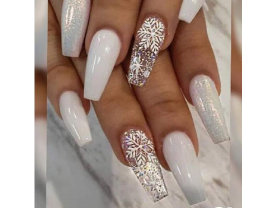 Uñas Postizas Acrílicas Blancas Con Diseño De Copos De Nieve, Forma Cuadrada, Para Mujeres Y Adolescentes.