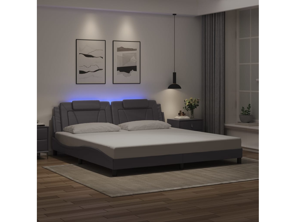 Estructura Cama Con Luces Led Cuero Sintético Gris 200x200 Cm