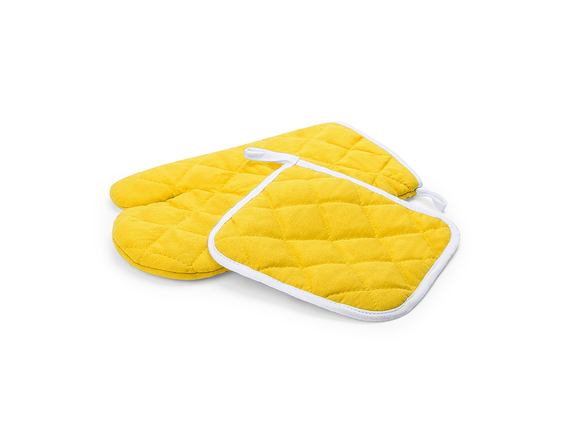 Juego de cocina de 2 piezas. Pinzas y guante en tela TC.