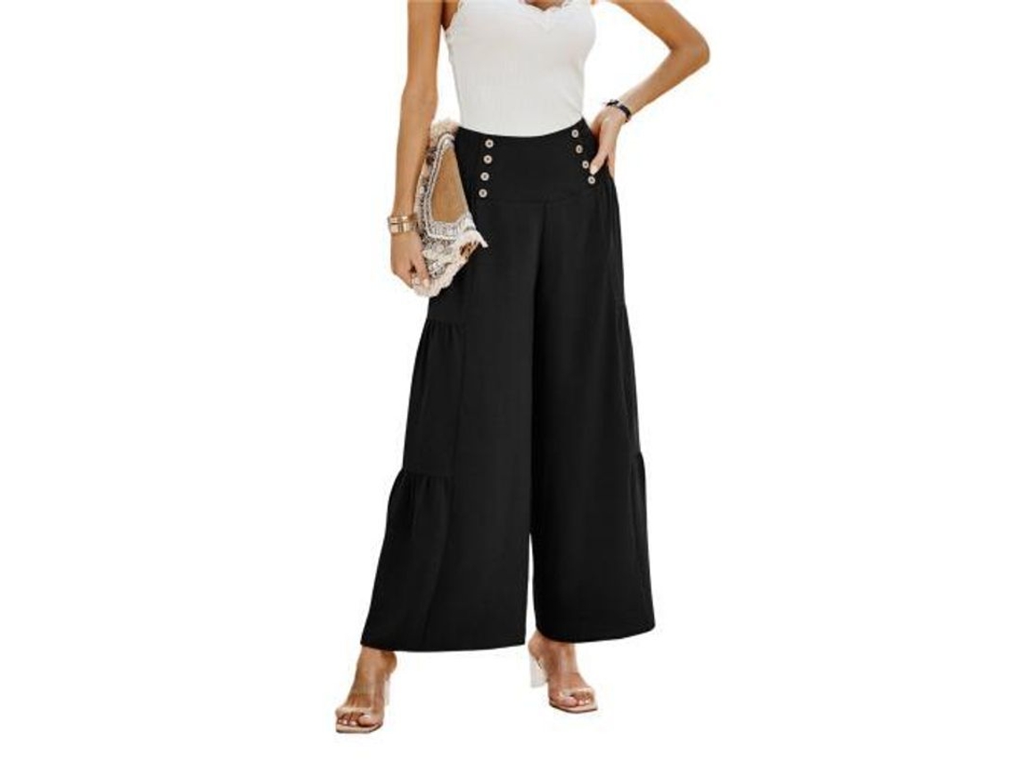 Pantalones Palazzo De Pierna Ancha Y Talle Alto Para Mujer, Estilo Casual Holgado Con Botones Decorativos.