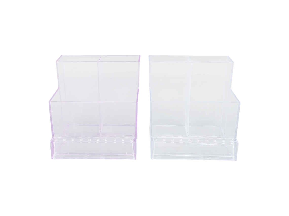 Organizador portátil Rebe de herramientas de uñas transparentes en rosa y morado para salones de belleza.