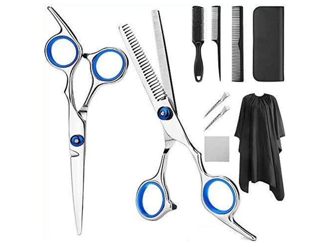 Juego de 10 tijeras de peluquería con peines y funda de acero inoxidable para barberías y peluquerías, color azul.
