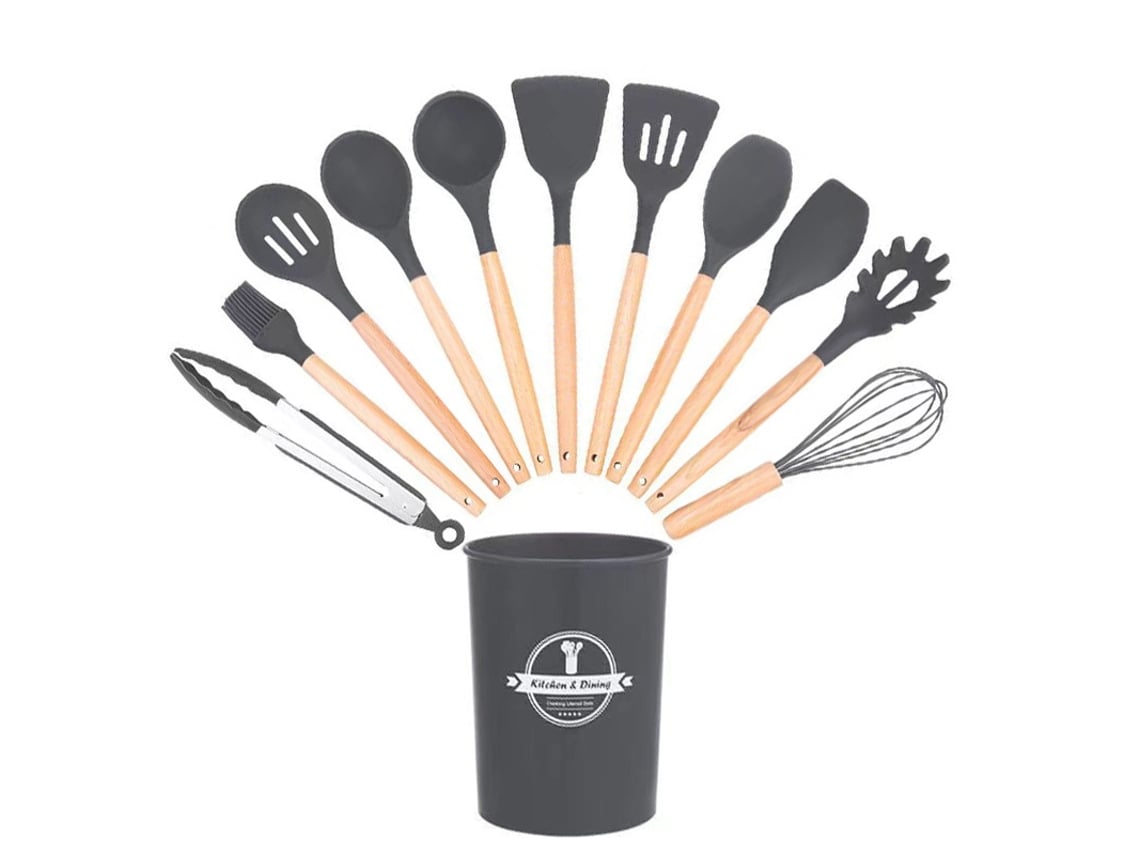Juego de 12 utensilios de cocina de silicona antiadherentes sin BPA, color gris