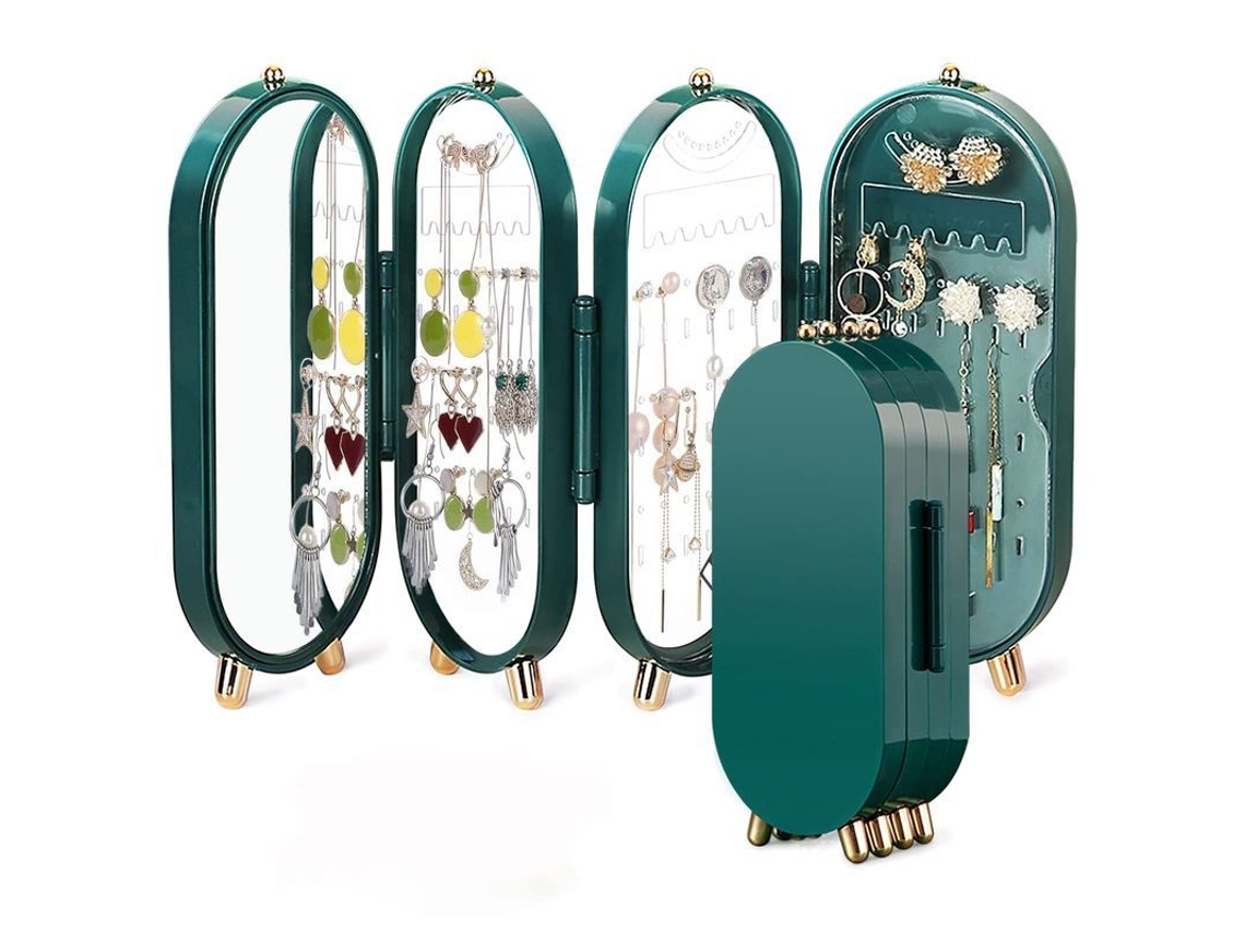 Caja De Joyería Plegable Con Espejo Y 4 Puertas, Organizador De Pendientes Y Collares, Color Verde