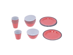 Juego de vajilla de 12 piezas (taza, tazón y plato con estampado rojo) para cocina y restaurante.