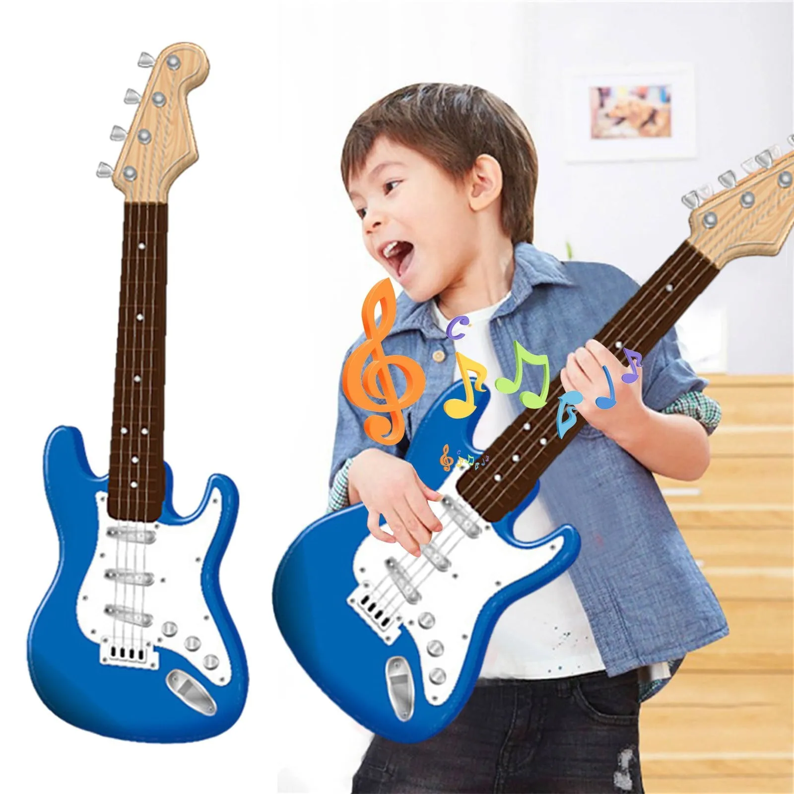 (Azul) Guitarra eléctrica para niños que atrae la atención de los niños con su diseño de 4 cuerdas.