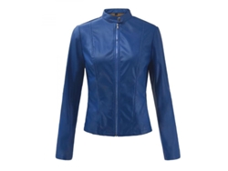 Chaqueta de piel sintética Rebe-Vintage para mujer, ideal para otoño, con cuello alto, cierre de cremallera, corte ajustado, mangas largas, perfecta para motoristas, talla L, color azul.