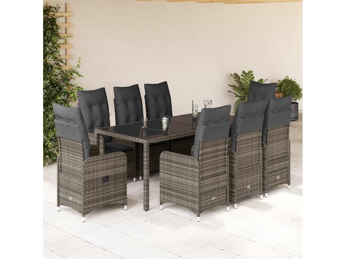 Conjunto de bistró de jardín de 9 piezas con cojines de mimbre gris de DKD Home Decor