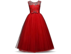 Vestido largo formal para niñas con cuello alto, decoración de encaje, tallas de 4 a 14 años, 7 Rojo 331