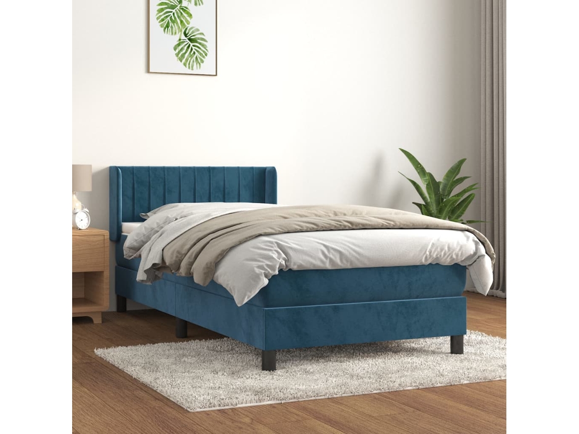 Cama Box Spring Con Colchón Terciopelo Azul Oscuro 100x200 Cm