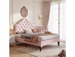 Cama Tapizada Regulable De 90x200 Cm, Con Somier De Láminas, En Terciopelo Rosa, Ideal Para Adolescentes.